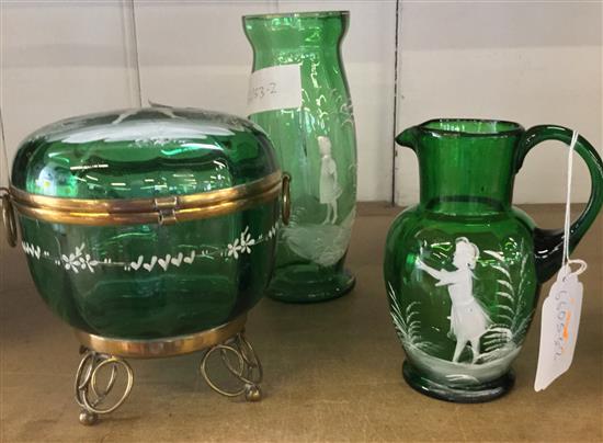 Mary Gregory- green glass box and cover, a vase and a jug